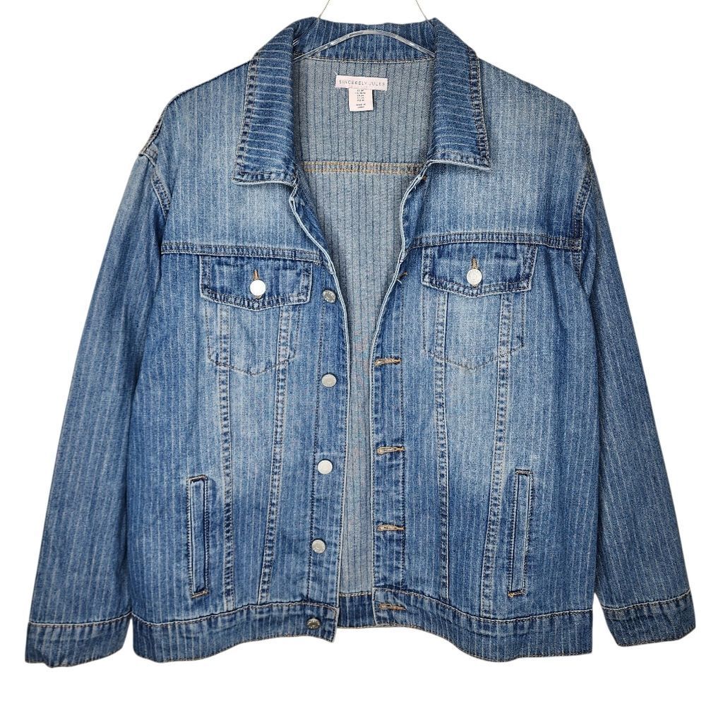 Sincerely Jules Womens Pinstripe Denim Trucker Jacket Light Wash Blue Sz Medium